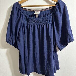 Knox Rose Women's Blue Peasant Knit Top Crochet Detail Puff Half Sleeve Size 2XL